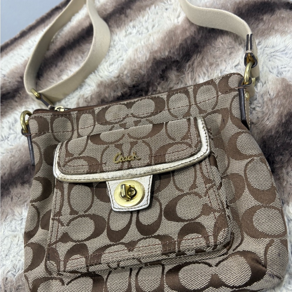 Coach Tan and Cream Signature Crossbody Bag